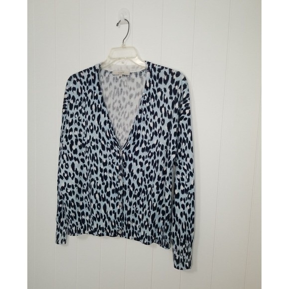 Loft Sweater Womens Size Large Animal Print Blue Button Up Cardigan - Picture 2 of 8
